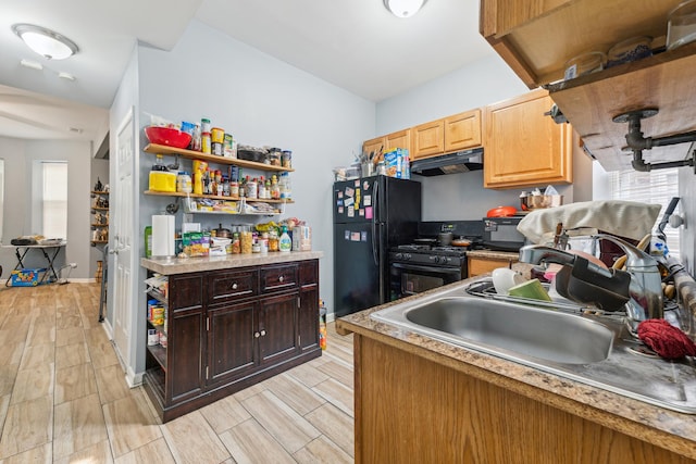 5412 S Wood St, Chicago, IL 60609 - kitchen featuring a sink, open shelves, freestanding refrigerator, under cabinet range hood, and gas range