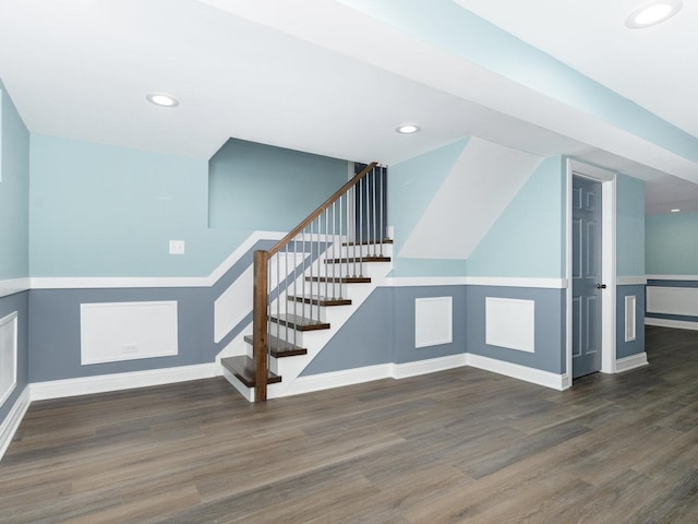 bonus room featuring stairs, baseboards, wood finished floors, and recessed lighting