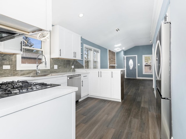 kitchen featuring lofted ceiling, a peninsula, appliances with stainless steel finishes, and plenty of natural light