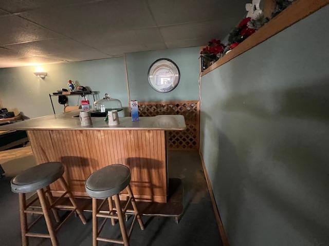 bar featuring a paneled ceiling and a bar