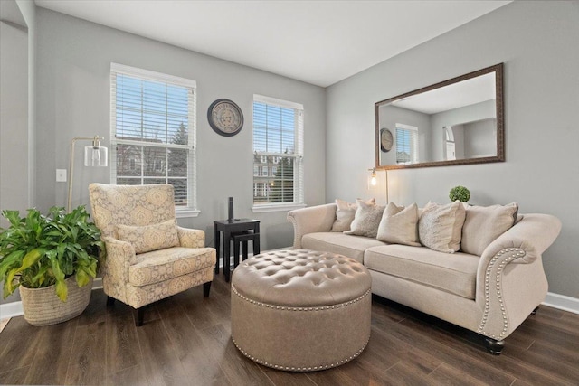 living room featuring dark wood-style floors and baseboards