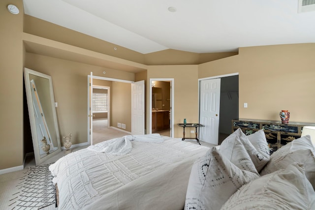 bedroom with light carpet, vaulted ceiling, visible vents, and baseboards