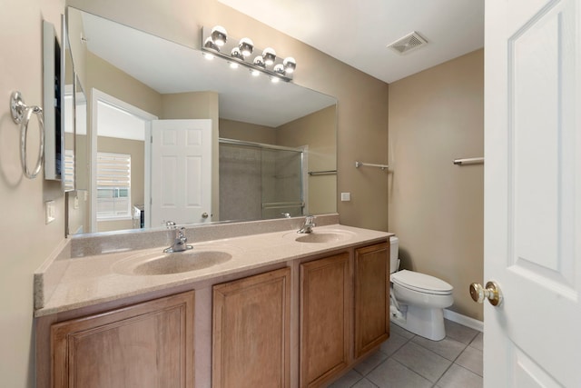 full bath featuring visible vents, a sink, a shower stall, and toilet