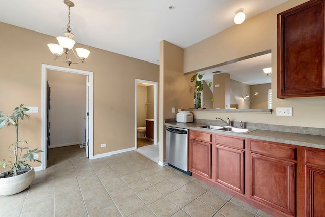 kitchen featuring light countertops, hanging light fixtures, light tile patterned flooring, a sink, and dishwasher