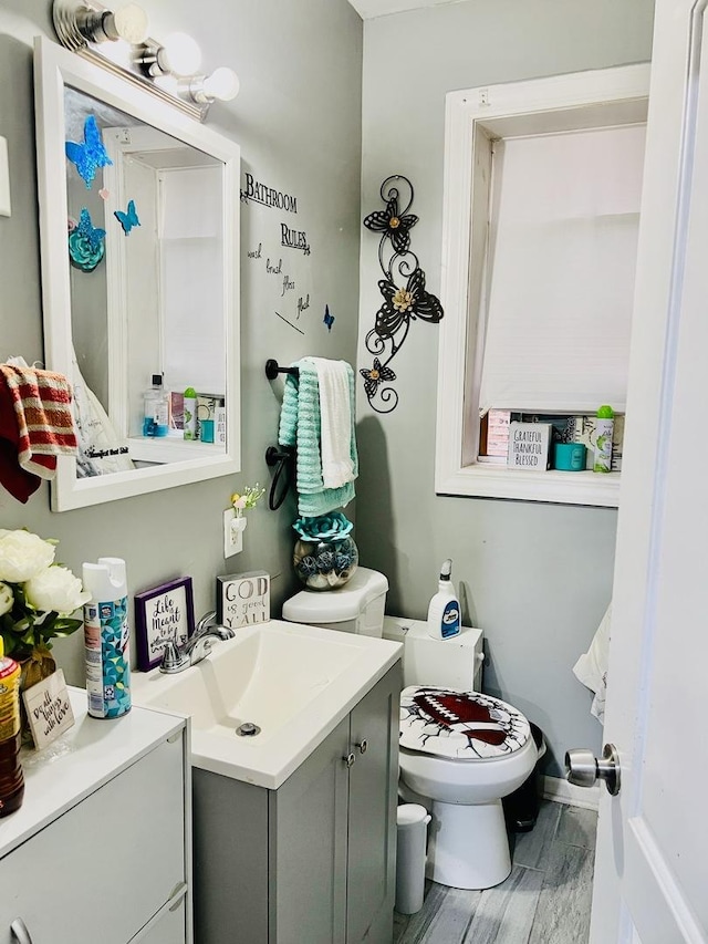 bathroom with toilet, wood finished floors, and vanity