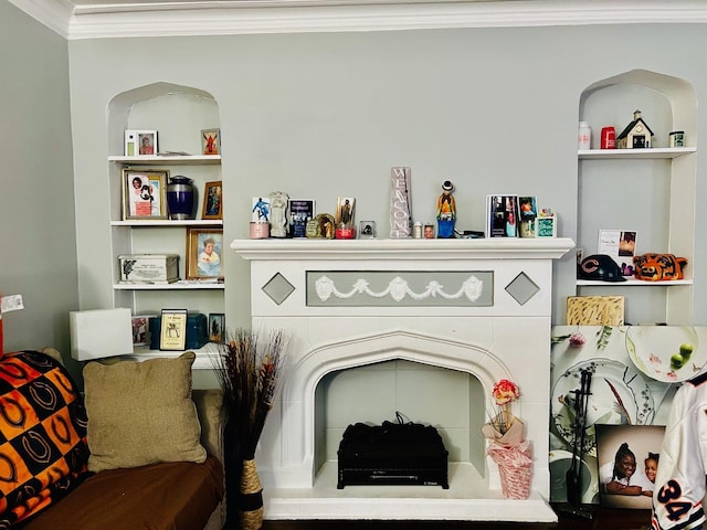 interior space with ornamental molding and built in features