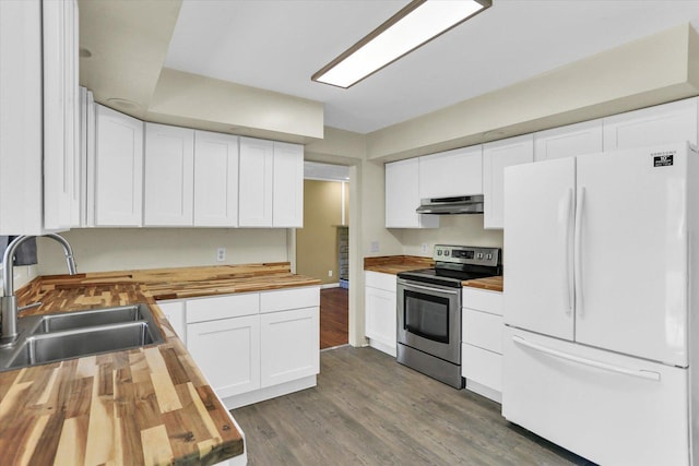 604 Park Lane Dr, Champaign, IL 61820 - kitchen featuring freestanding refrigerator, butcher block countertops, stainless steel range with electric stovetop, and under cabinet range hood