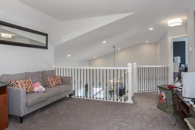 sitting room featuring lofted ceiling, carpet floors, and recessed lighting