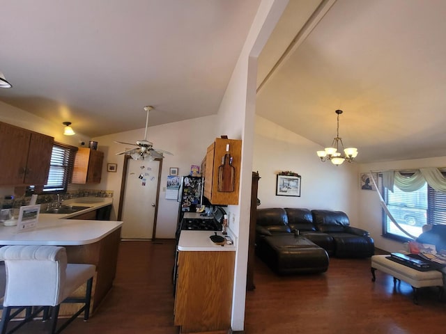 kitchen featuring lofted ceiling, light countertops, a peninsula, and dark wood-style floors