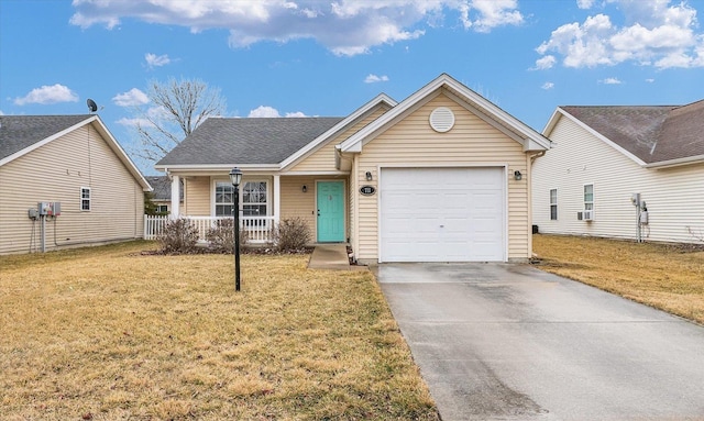 single story home featuring a front yard, a porch, concrete driveway, and an attached garage