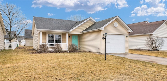 view of front of property featuring a garage, a front lawn, a porch, and driveway