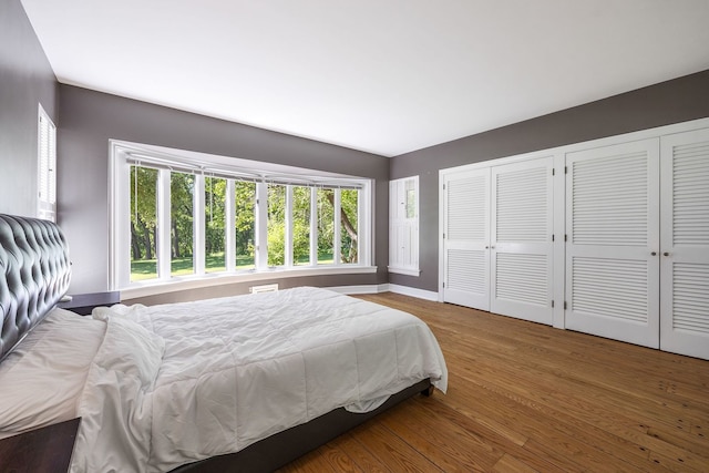 bedroom featuring wood finished floors, baseboards, and two closets