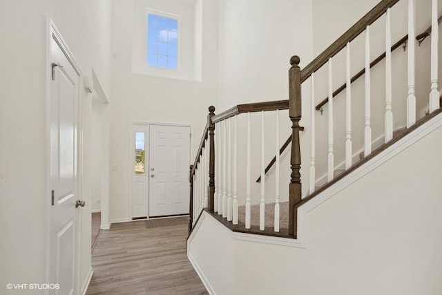 foyer entrance with baseboards, wood finished floors, a towering ceiling, and a healthy amount of sunlight