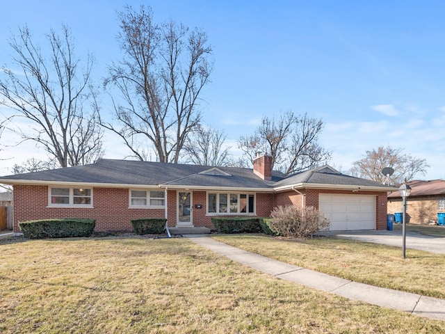 single story home featuring driveway, a chimney, a front lawn, a garage, and brick siding