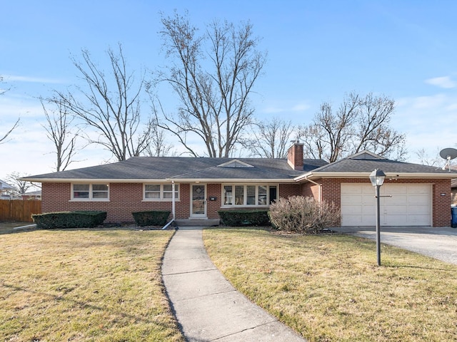 ranch-style house featuring fence, driveway, a chimney, a front lawn, and a garage