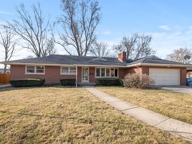 single story home with a front yard, driveway, an attached garage, a chimney, and brick siding