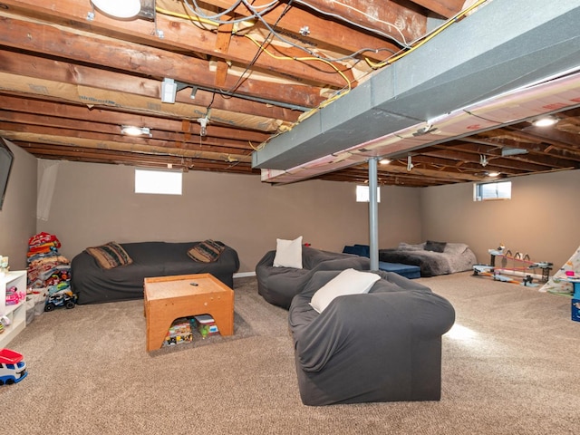 below grade area featuring a wealth of natural light and carpet