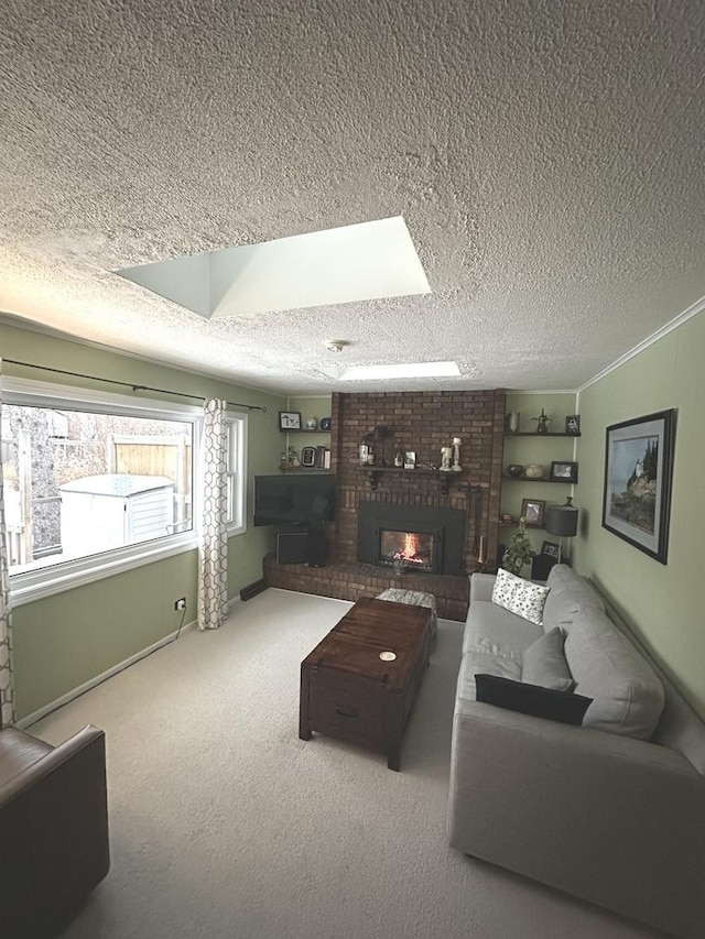 living room with carpet, ornamental molding, a textured ceiling, and a fireplace