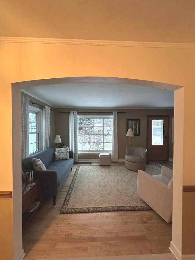 living room featuring plenty of natural light, crown molding, and wood finished floors