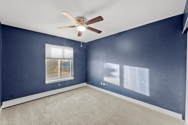 carpeted empty room with a ceiling fan, a baseboard radiator, and baseboards