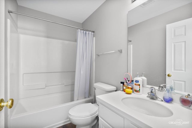 full bathroom featuring visible vents, toilet, vanity, and shower / bathtub combination with curtain