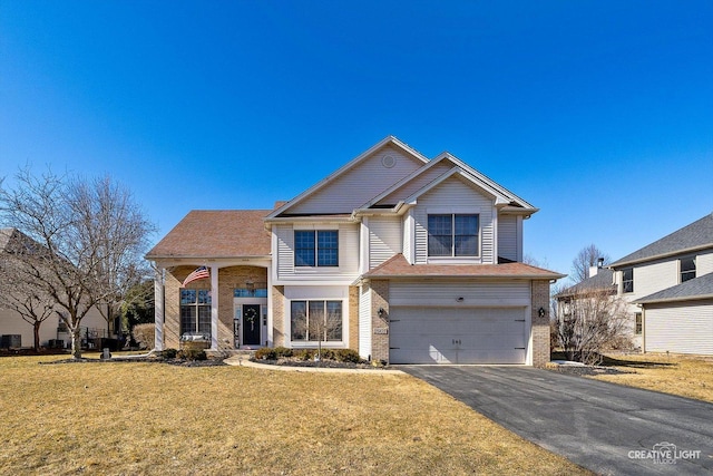 view of front of home featuring aphalt driveway, brick siding, an attached garage, and a front lawn