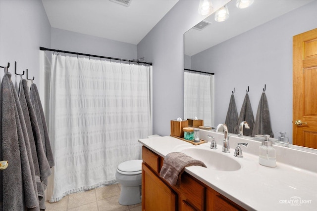 full bath with toilet, tile patterned flooring, visible vents, and vanity