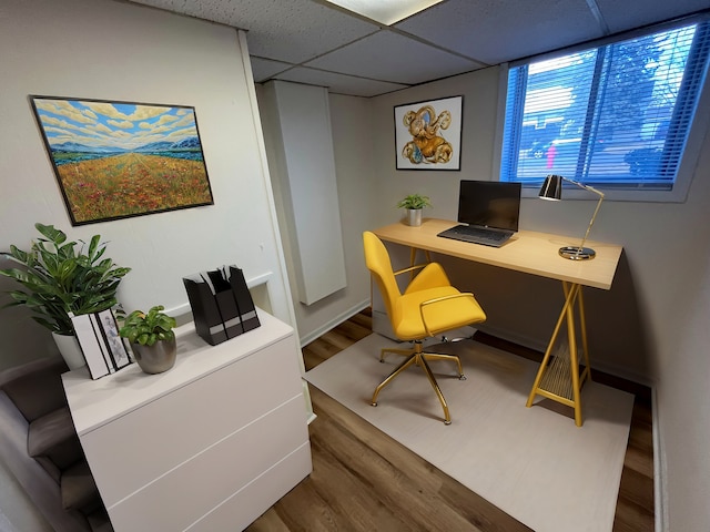 office area featuring a paneled ceiling and wood finished floors