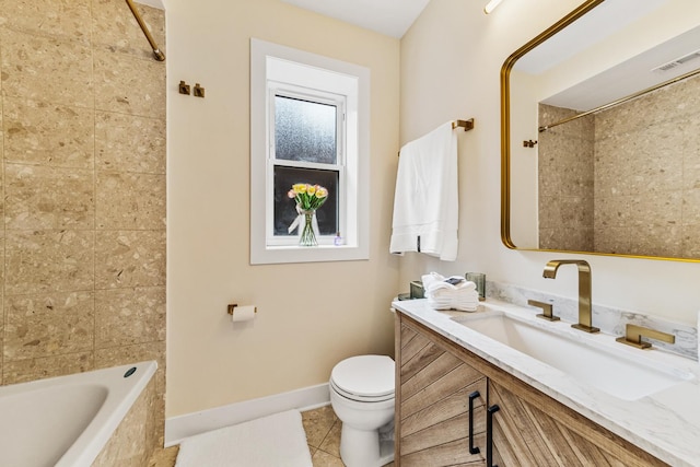 full bath with tiled shower, toilet, and tile patterned floors