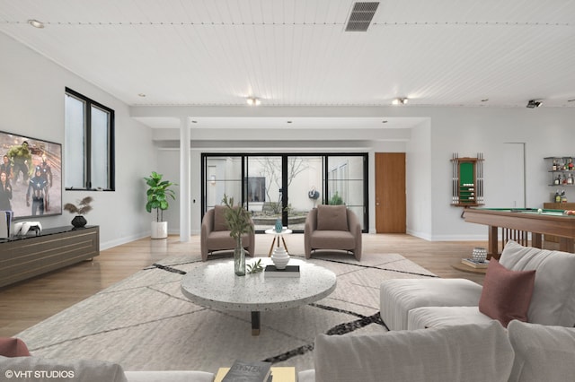 living area featuring baseboards, billiards, and light wood-style flooring
