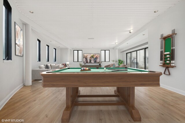 rec room with billiards, light wood-style floors, and baseboards