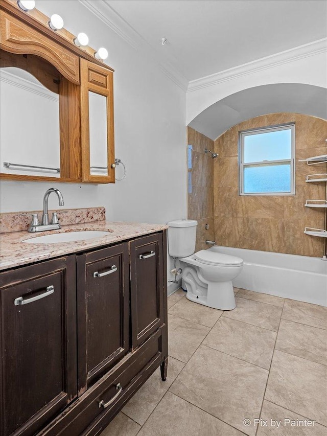 full bathroom with tile patterned flooring, toilet, vanity, tub / shower combination, and crown molding