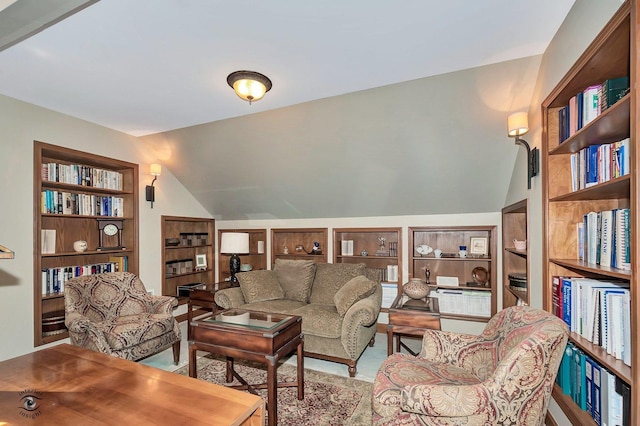 living room featuring vaulted ceiling and built in shelves