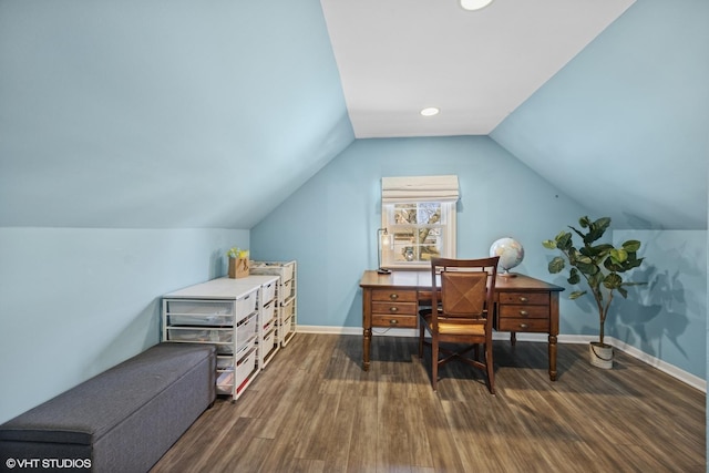 home office with baseboards, dark wood-style flooring, and vaulted ceiling