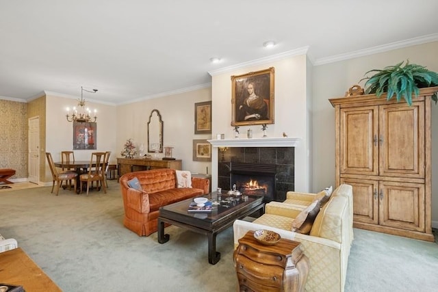 living area with a tile fireplace, light carpet, and crown molding