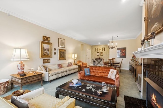 living area with baseboards, a fireplace with flush hearth, ornamental molding, carpet flooring, and a chandelier