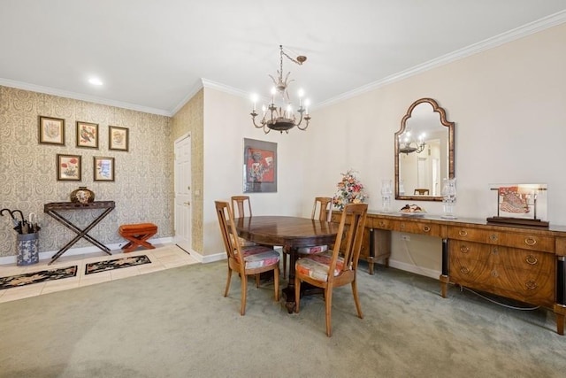 carpeted dining room featuring wallpapered walls, baseboards, ornamental molding, tile patterned floors, and a chandelier