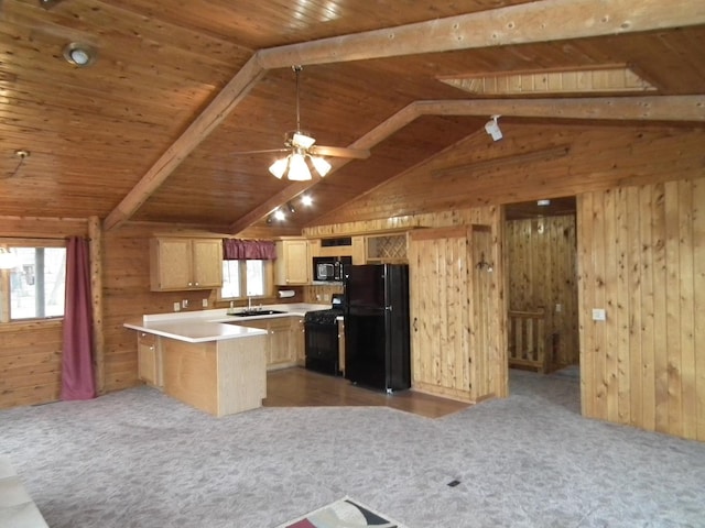 kitchen featuring vaulted ceiling with beams, light countertops, wooden walls, wooden ceiling, and black appliances