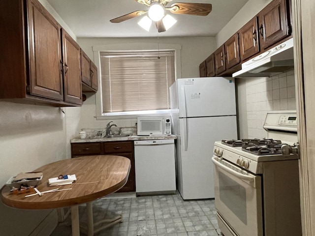 kitchen featuring backsplash, a ceiling fan, a sink, white appliances, and under cabinet range hood