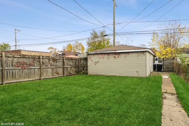 view of yard featuring an outbuilding and a fenced backyard