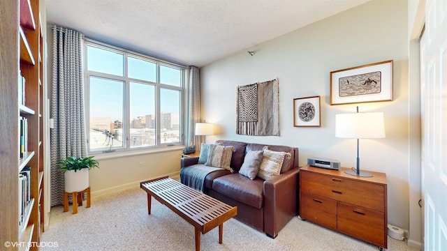 living room featuring light colored carpet, a view of city, a textured ceiling, and baseboards