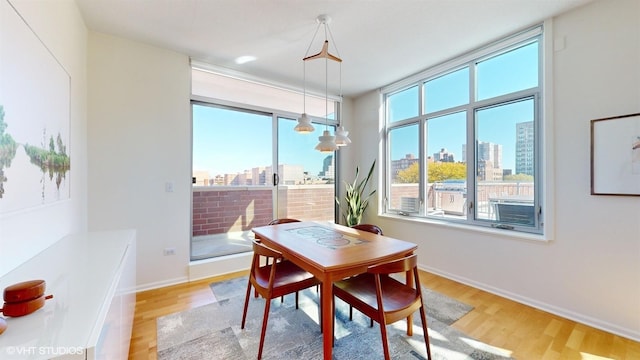 dining room with a city view, baseboards, and wood finished floors