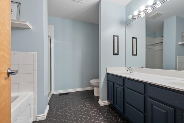 bathroom with double vanity, visible vents, baseboards, toilet, and an enclosed shower