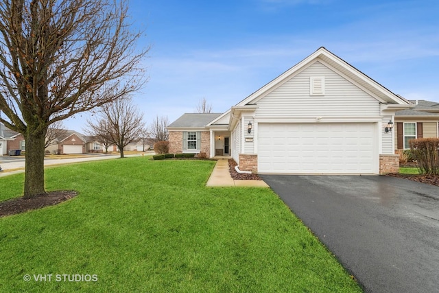 ranch-style home with a front lawn, an attached garage, and driveway