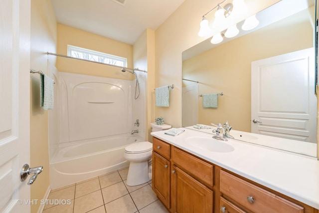 bathroom featuring tile patterned floors, tub / shower combination, toilet, and vanity