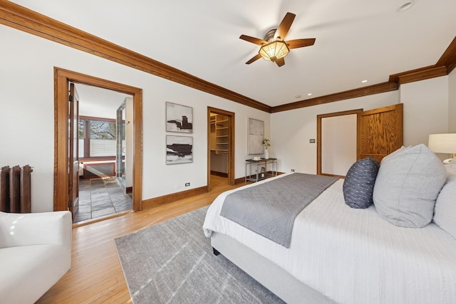 bedroom with light wood-style flooring, a spacious closet, baseboards, and crown molding