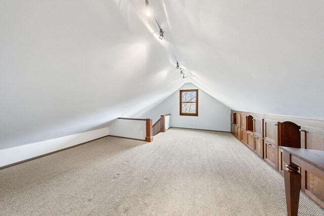 additional living space featuring light carpet and vaulted ceiling