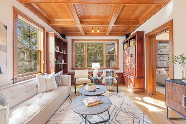 sunroom featuring wood ceiling, coffered ceiling, and beam ceiling