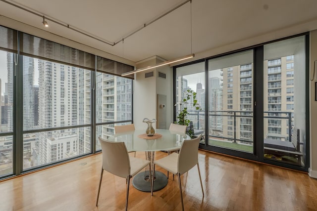 dining room with rail lighting, a wall of windows, a city view, and wood finished floors