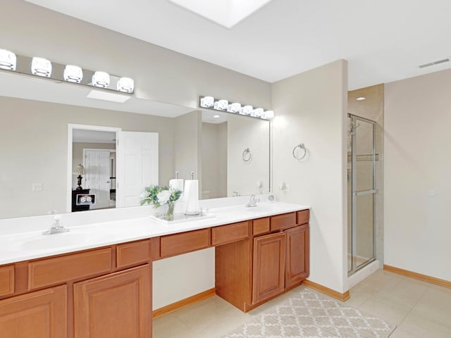 bathroom with double vanity, a stall shower, a skylight, visible vents, and a sink